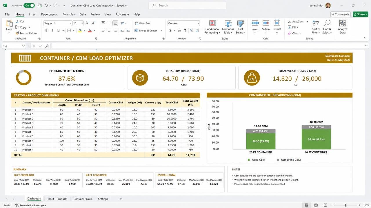 Container / CBM Load Optimizer dashboard preview
