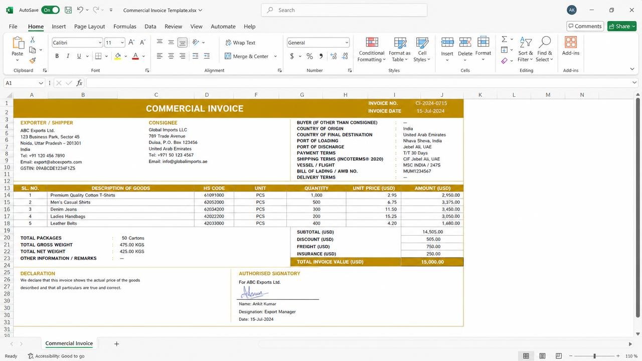 Commercial Invoice Template dashboard preview
