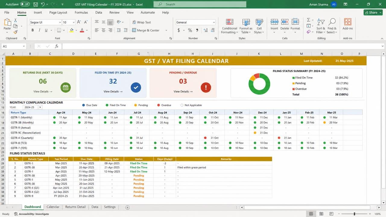 GST / VAT Filing Calendar dashboard preview